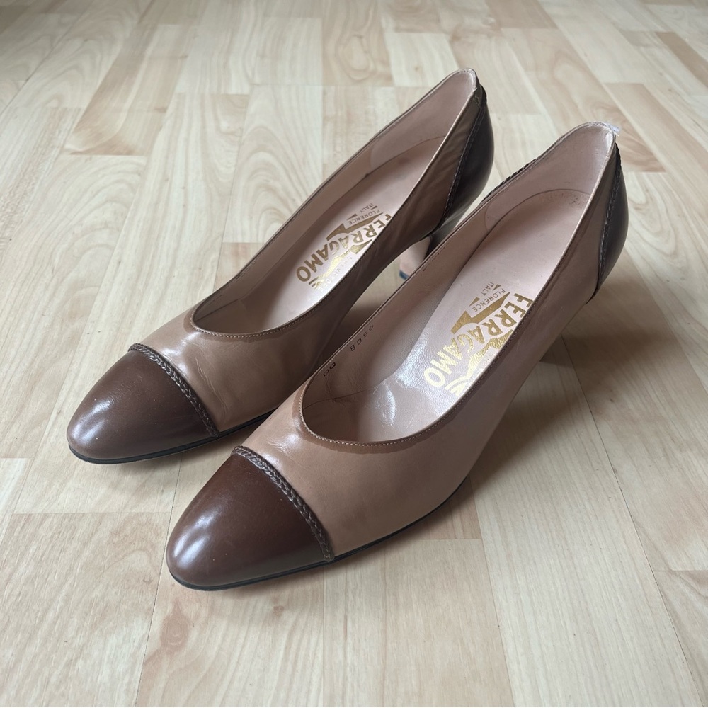 Salvatore Ferragamo Two-Tone Brown Leather Cap-Toe Pumps